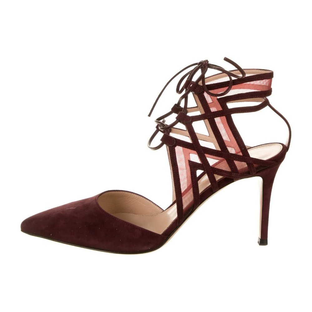 Gianvito Rossi Burgundy Suede Pointed Toe Lace-Up Heels